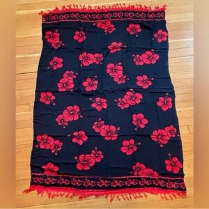 Swimwear Cover Up. Sarong. Black with Red roses and Fringe. Full Size 60" x 45"